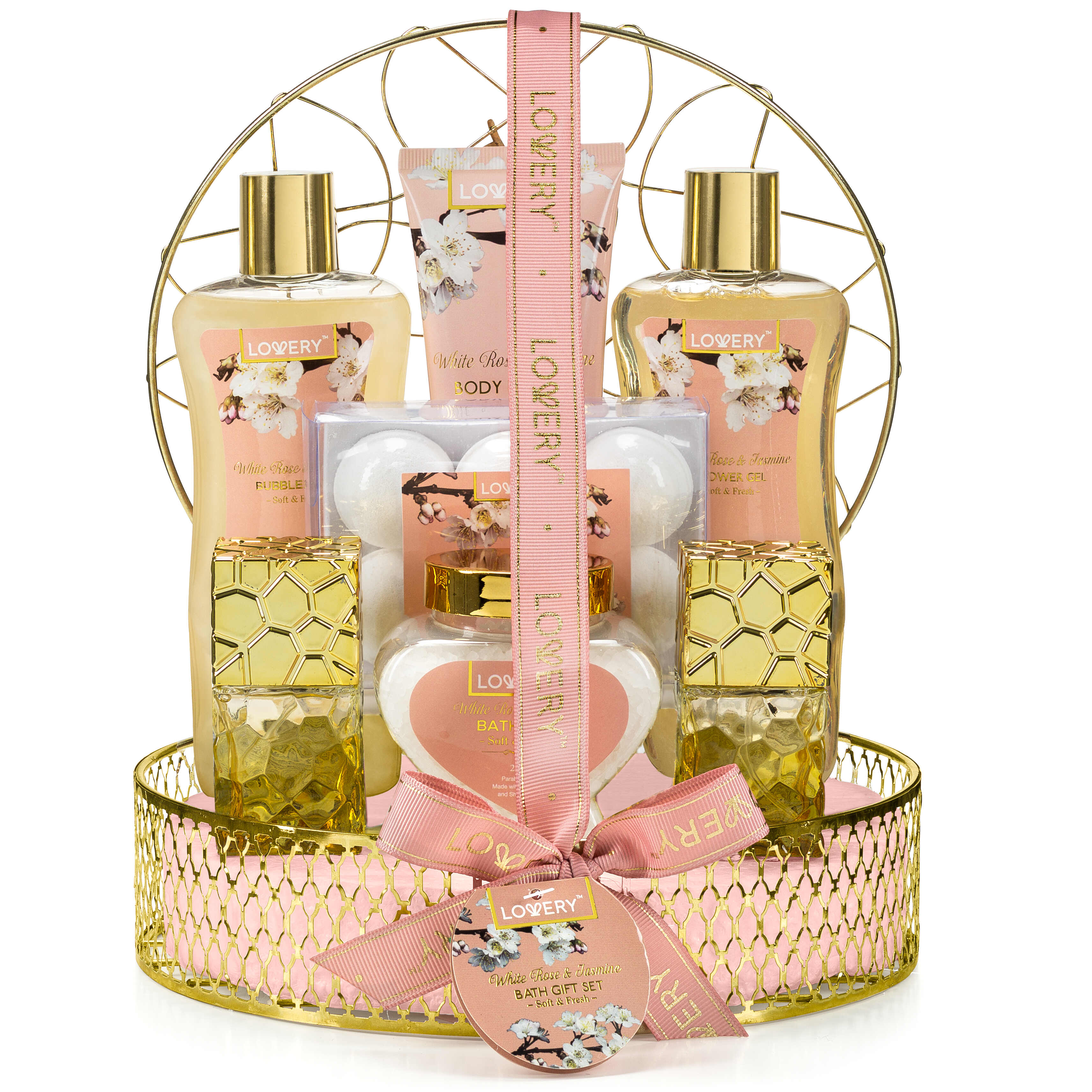 Lovery Bath And Body Gift Basket - White Rose & Jasmine - Home Spa 13pc Set
