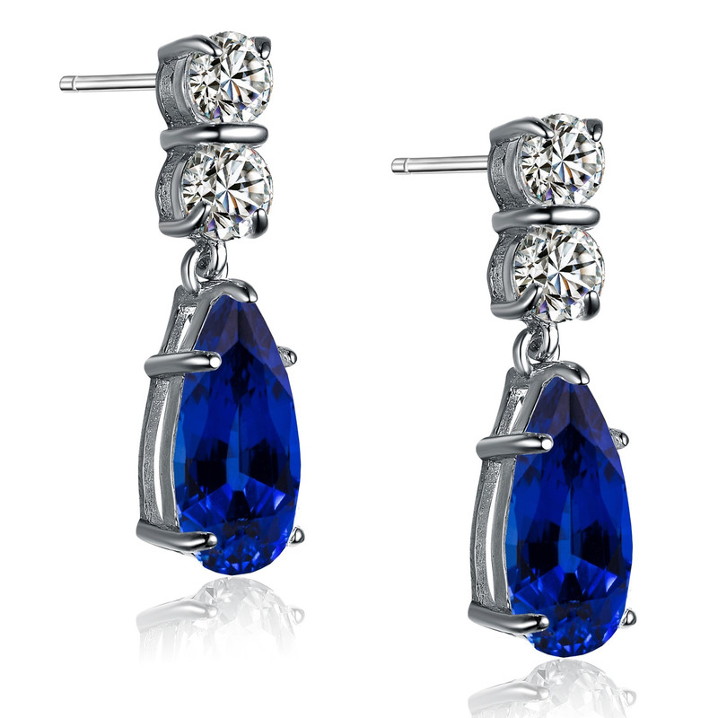 Sterling Silver White Gold Plated with Prong Set Colored Cubic Zirconia Teardrop Dangling Earrings
