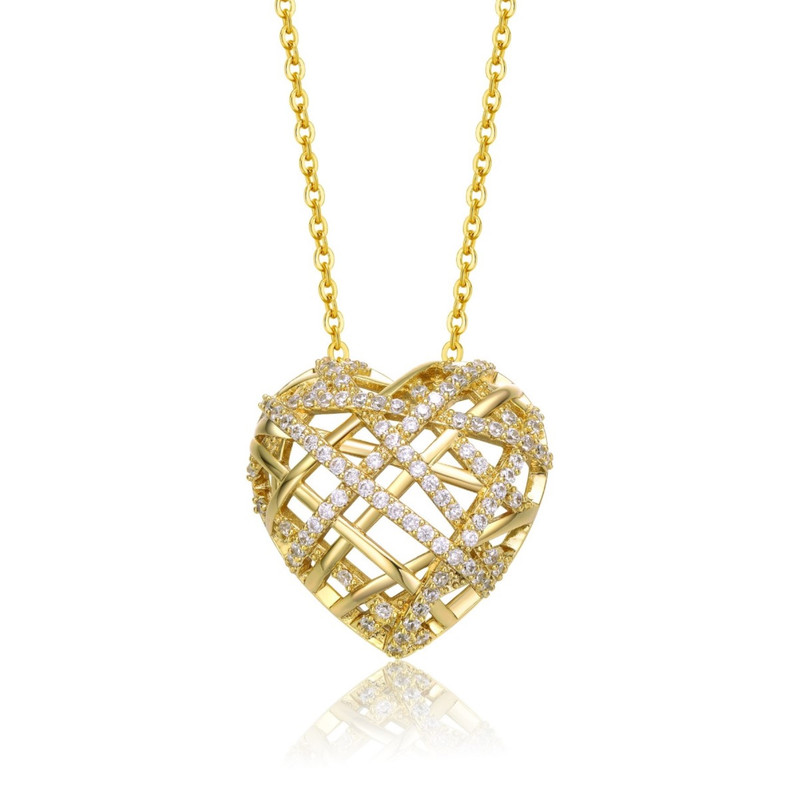 Sterling Silver 14k Yellow Gold Plated with Cubic Zirconia Knotted Ribbon 3D Puffed Heart Pendant Necklace