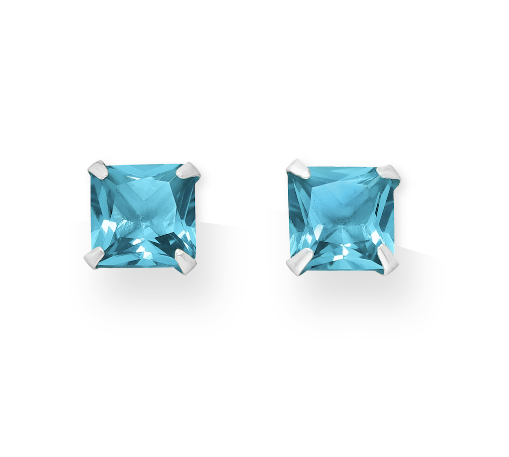 Ag Sterling - Sterling Silver Aqua CZ Square Prong Set Stud Earrings
