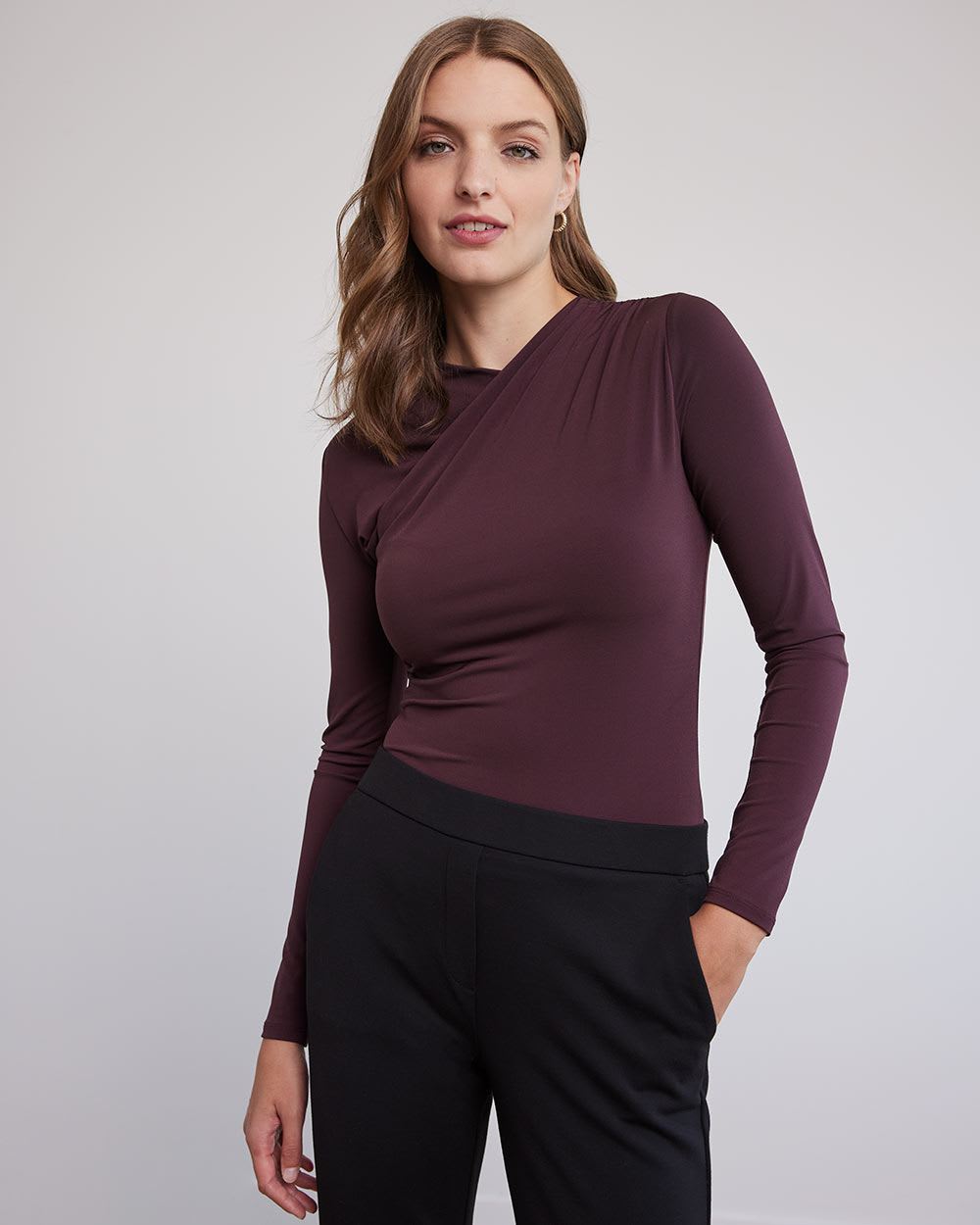 Long-Sleeve Top with Asymmetrical Draped Neckline