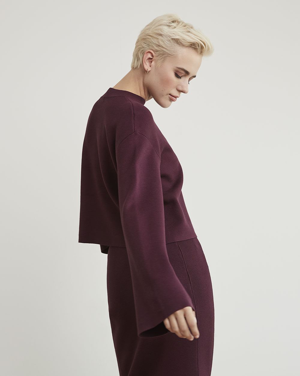 Mock-Neck Sweater with Long Bell Sleeves