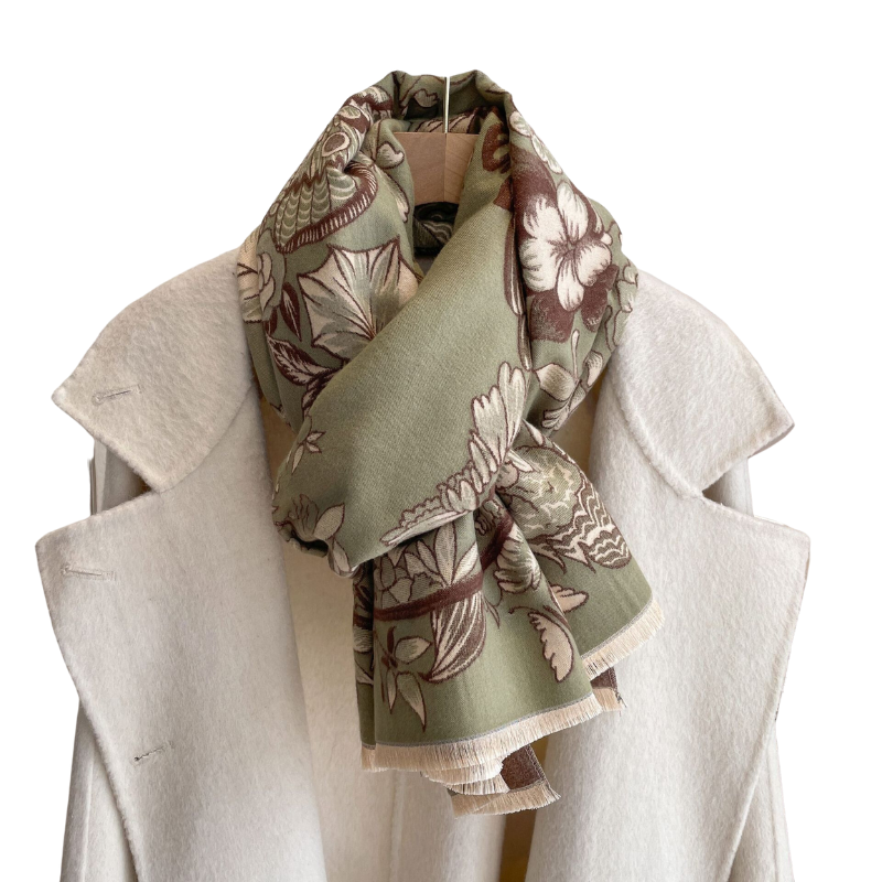 Olive Green & Brown Floral Fringe-Trimmed Scarf - Don't AsK