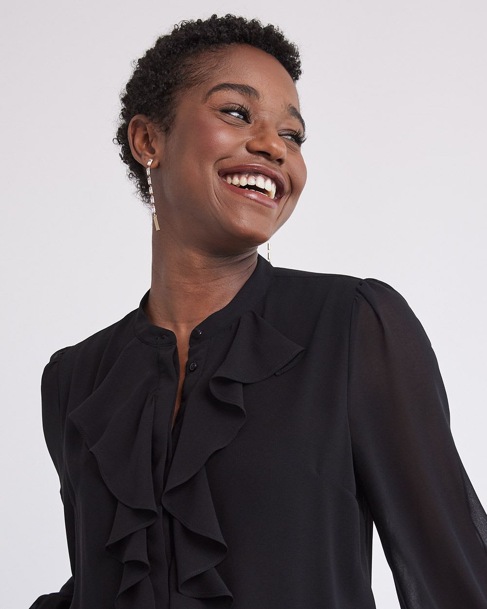 Long-Sleeve Buttoned-Down Jabot Blouse