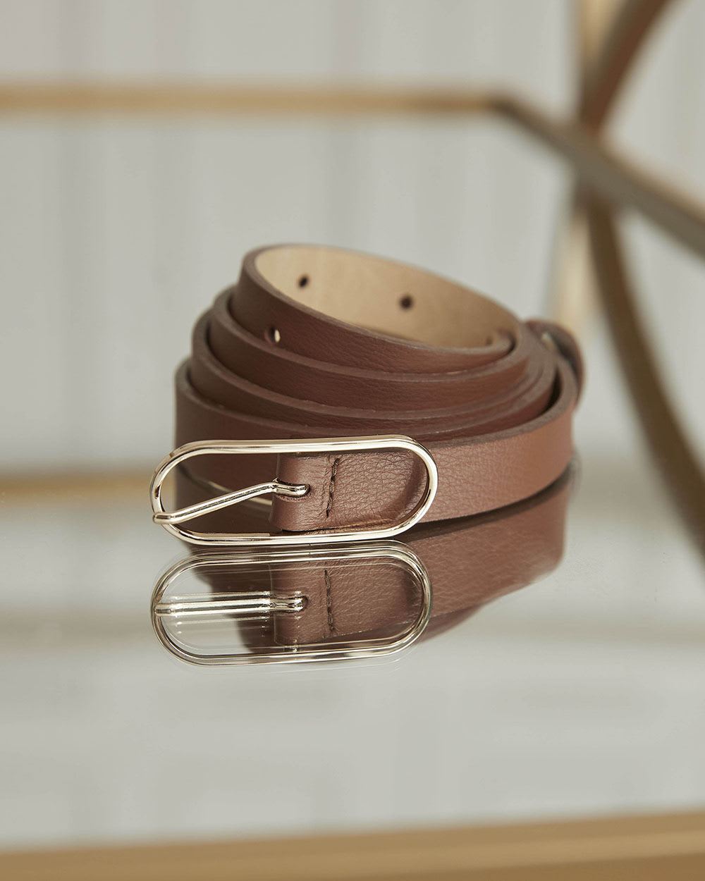 Skinny Leather Belt with Oval Buckle