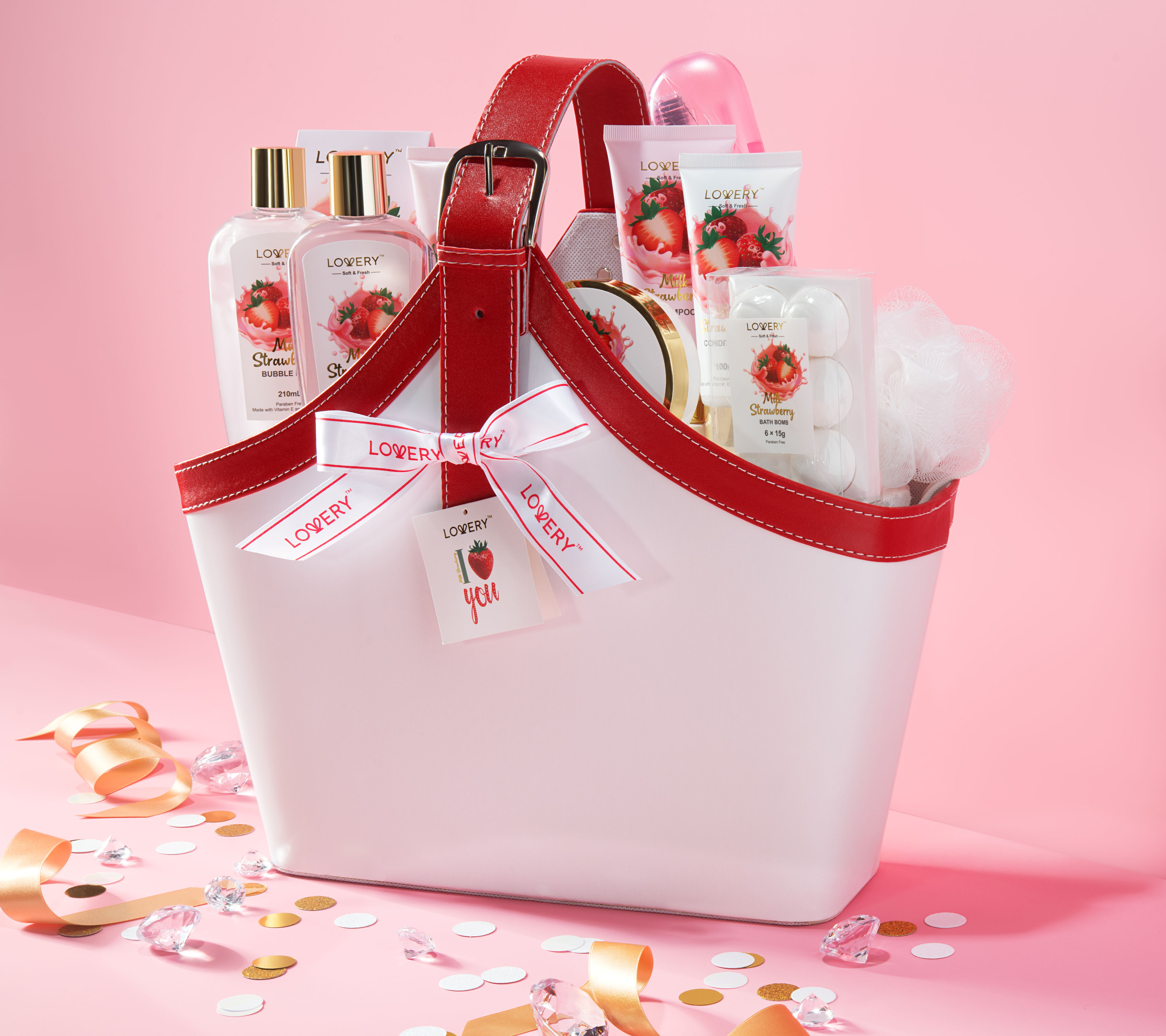 Lovery Home Spa Kit Gift Set – Strawberry Milk Scented Bath Set - 25pcs - In A Leather Tote Bag