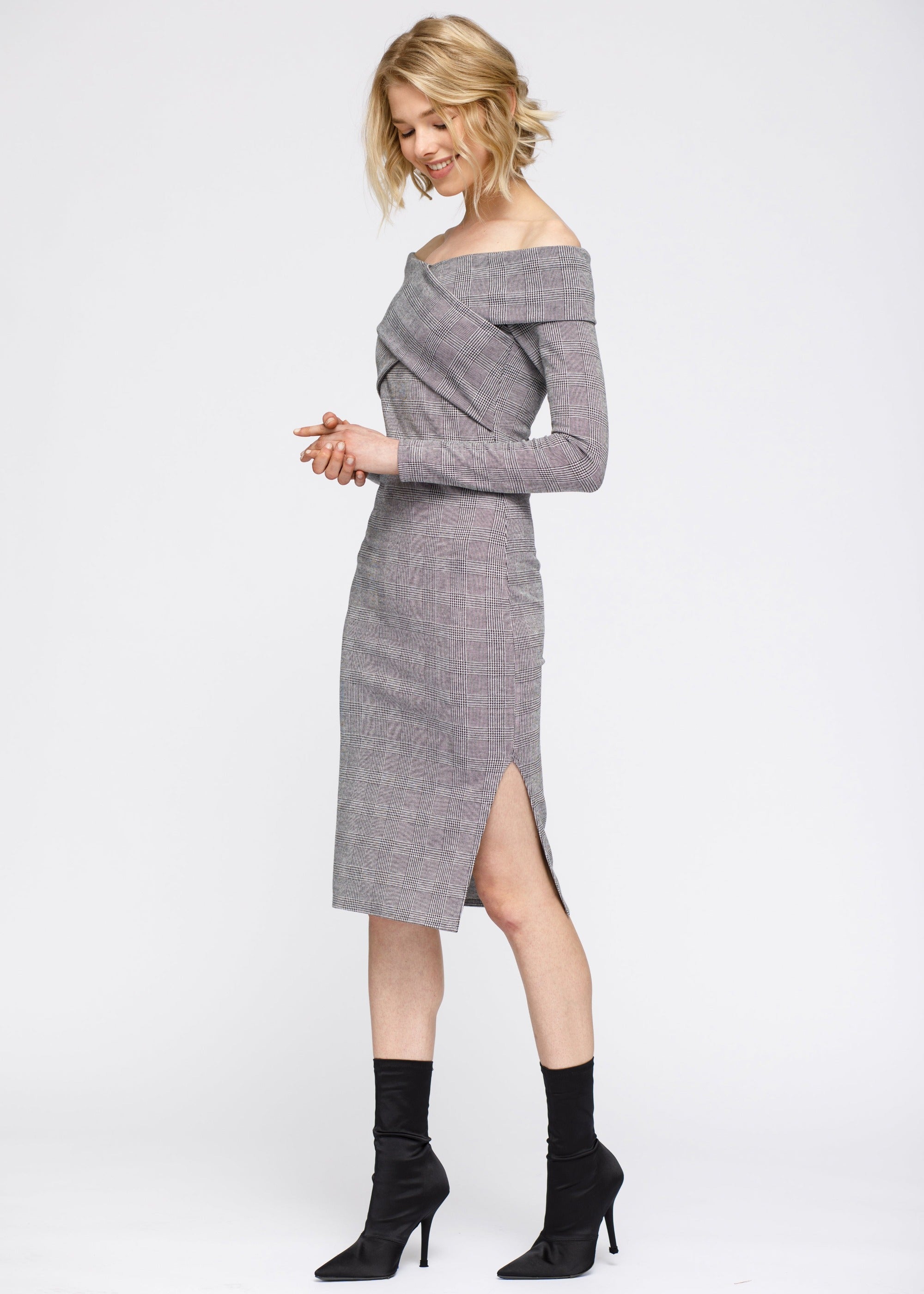 Nurode Glen Plaid Off Shoulder Criss Cross Dress