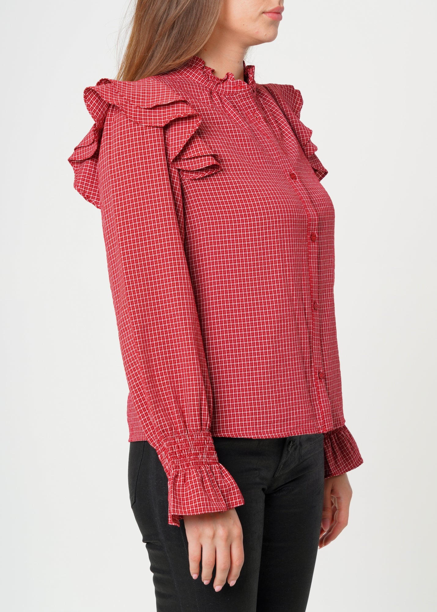 Nurode Ruffle Detailed Plaid Shirt