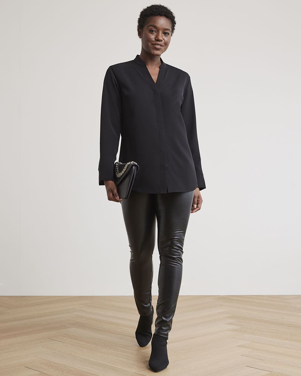 Long-Sleeve V-Neck Crepe Popover Blouse