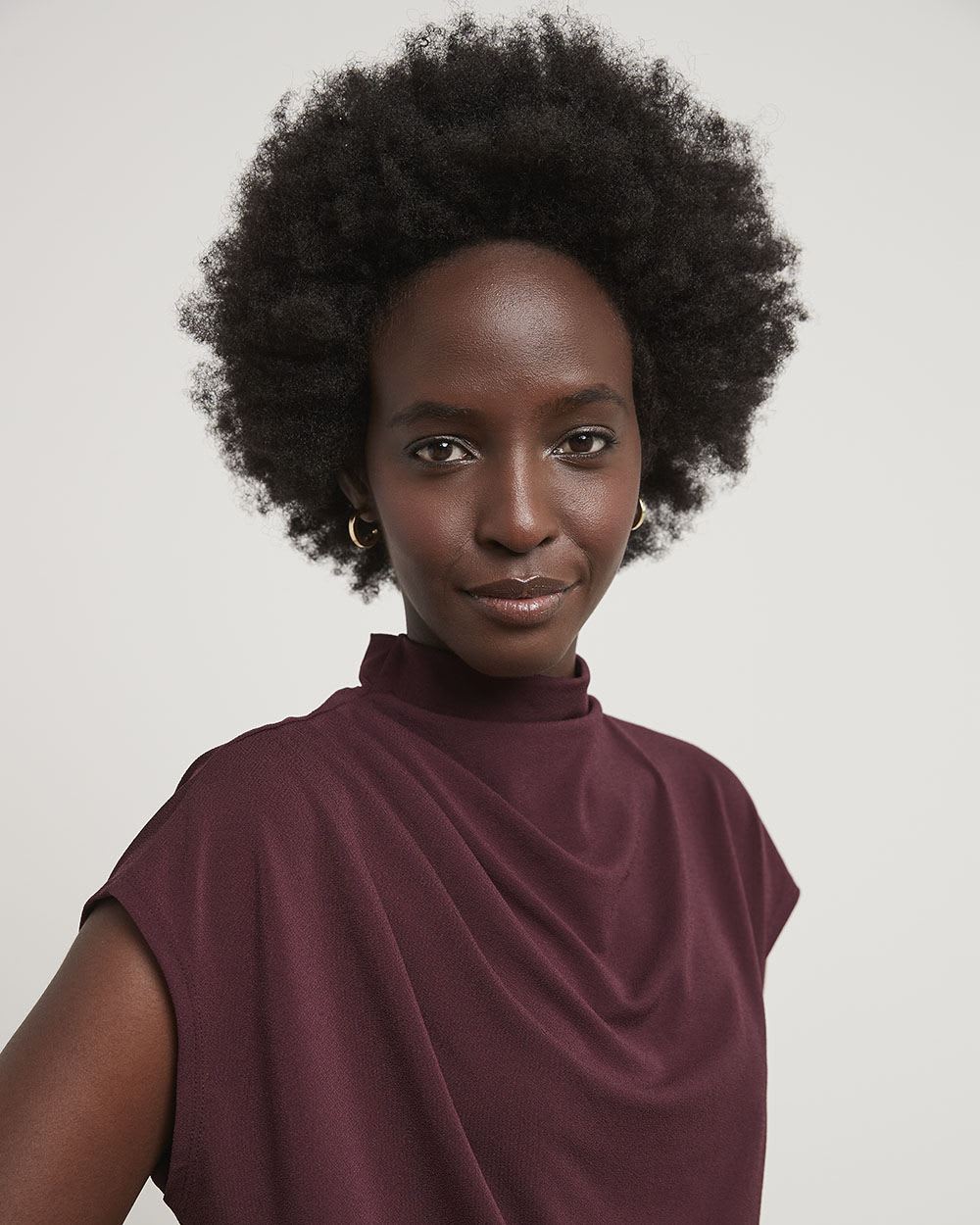 Cap-Sleeve Crepe Tee with Pleated Mock Neckline