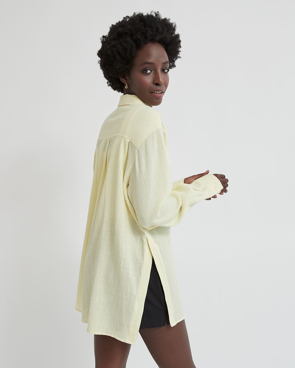 Button-Down Crinkle Cotton Blouse with Chest Pocket