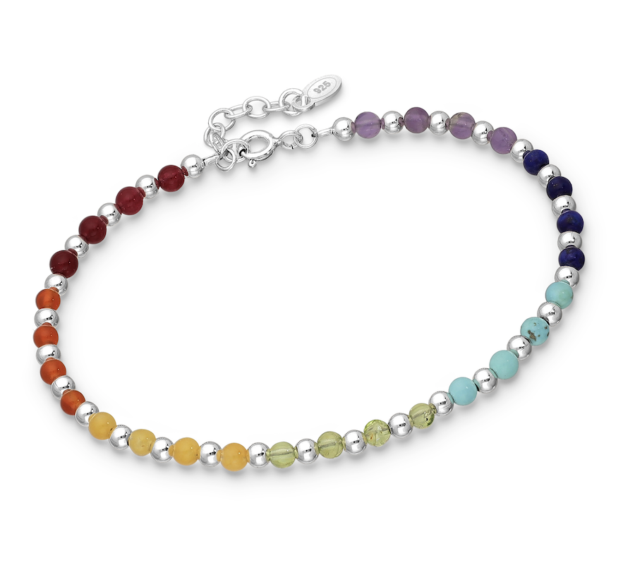 Sterling Silver Rainbow Beaded Bracelet with Amethyst, Lapis, Jade, Agate, Turquoise Howlite - Ag Sterling