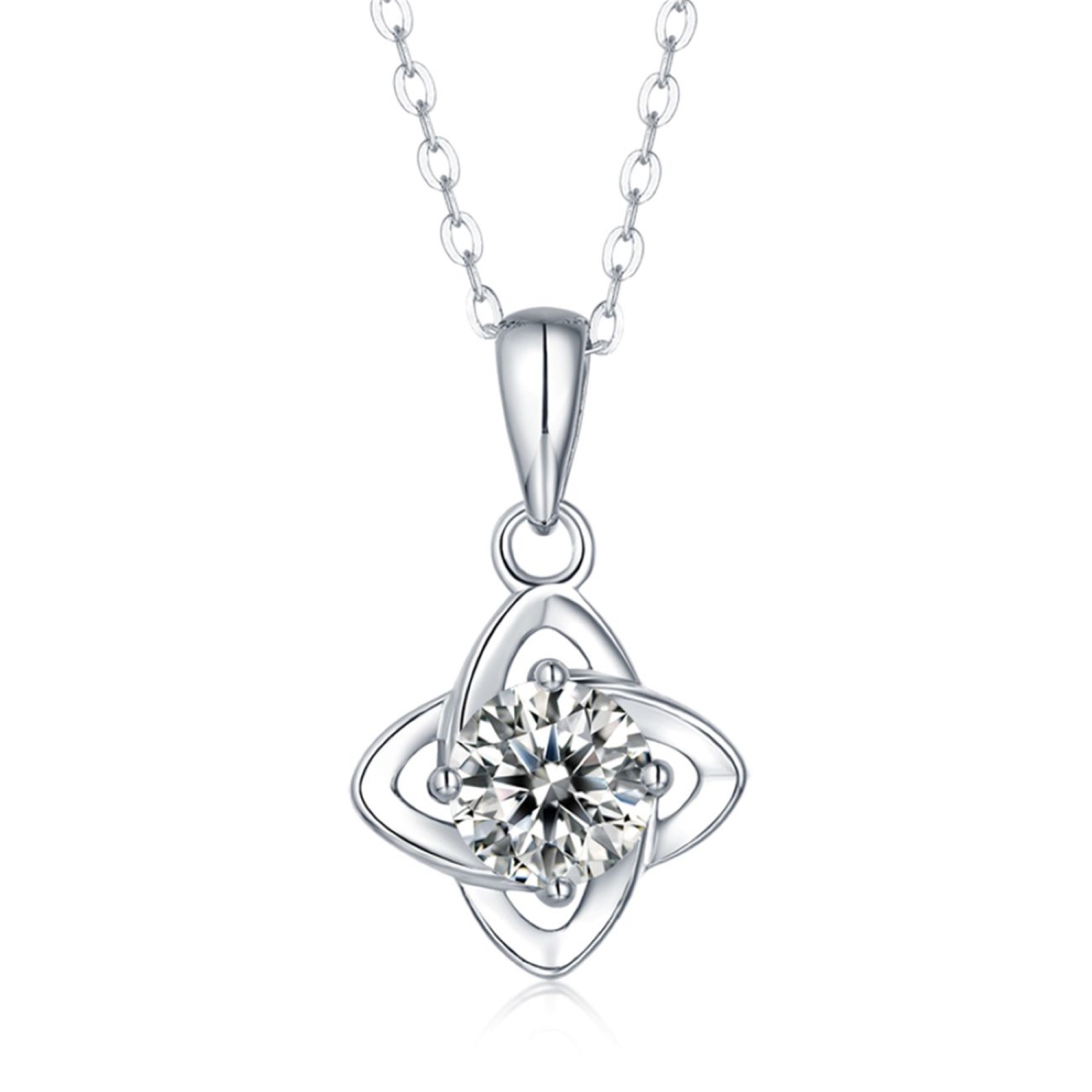 SV Sterling Silver 2ct Lab Created Moissanite Solitaire 4-Pointed Orbital Star Pendant Necklace
