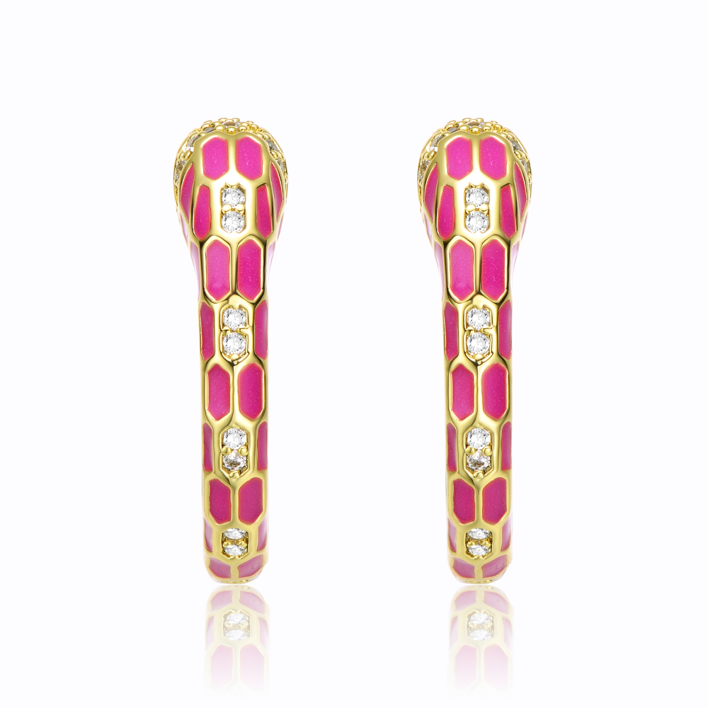 RG 14k Yellow Gold Plated with Cubic Zirconia Pink Enamel Python Snake C-Hoop Earrings