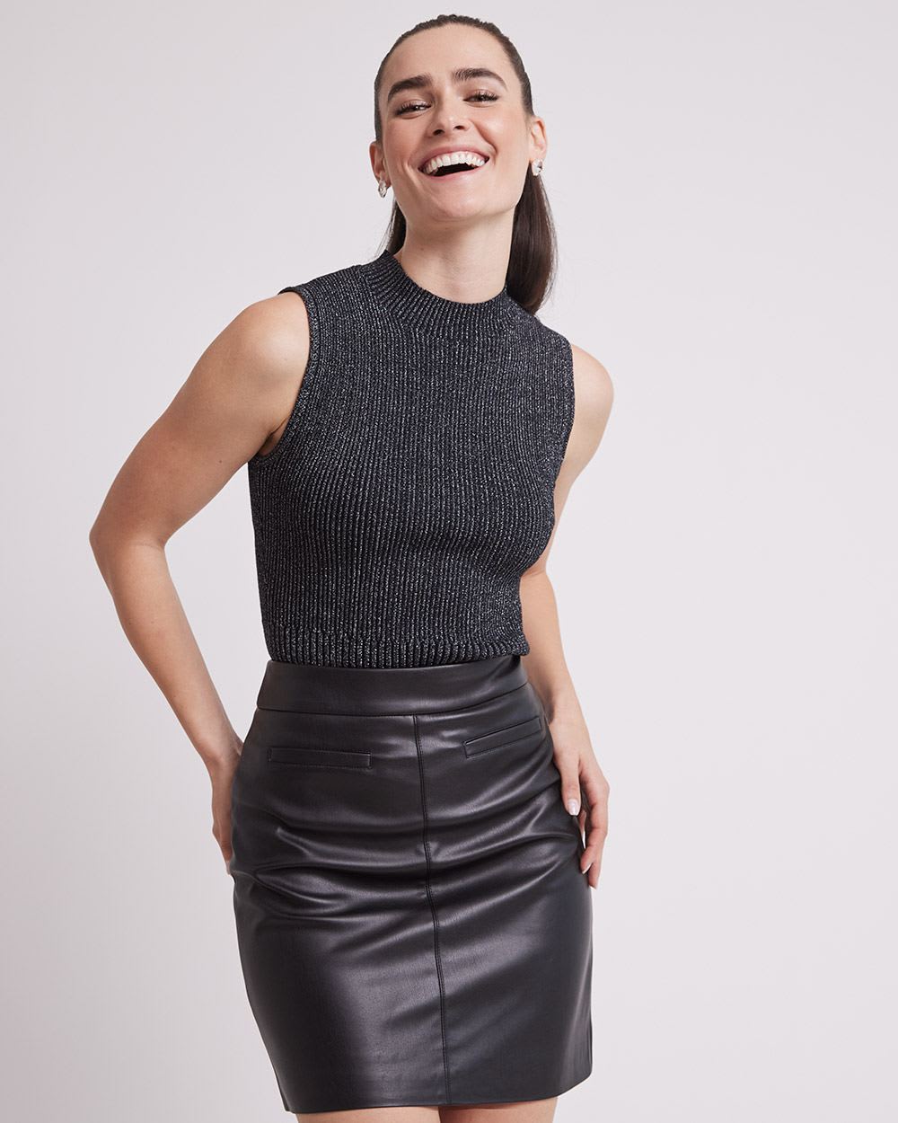 Sleeveless Mock-Neck Bodycon Top with Metallic Fibres