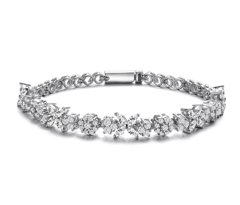 Sterling Silver White Gold Plating with Clear Round and Marquise Cubic Zirconia Cluster Flower-Inspired Tennis Bracelet