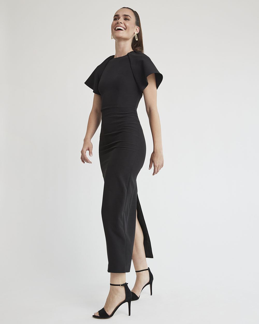 Short-Sleeve Maxi Cocktail Dress with Open Back