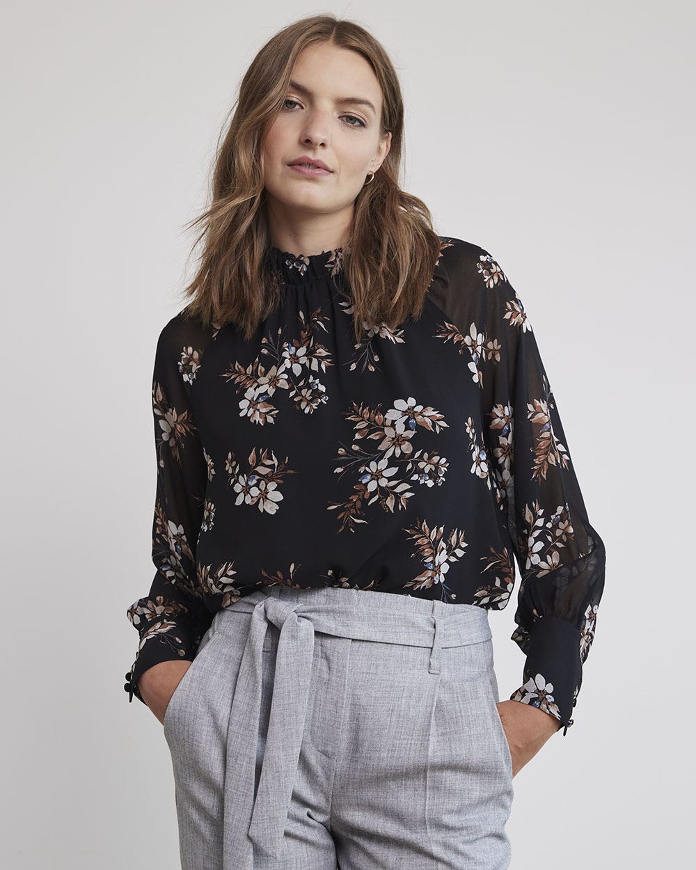 Mock-Neck Popover Blouse with Long Balloon Sleeves