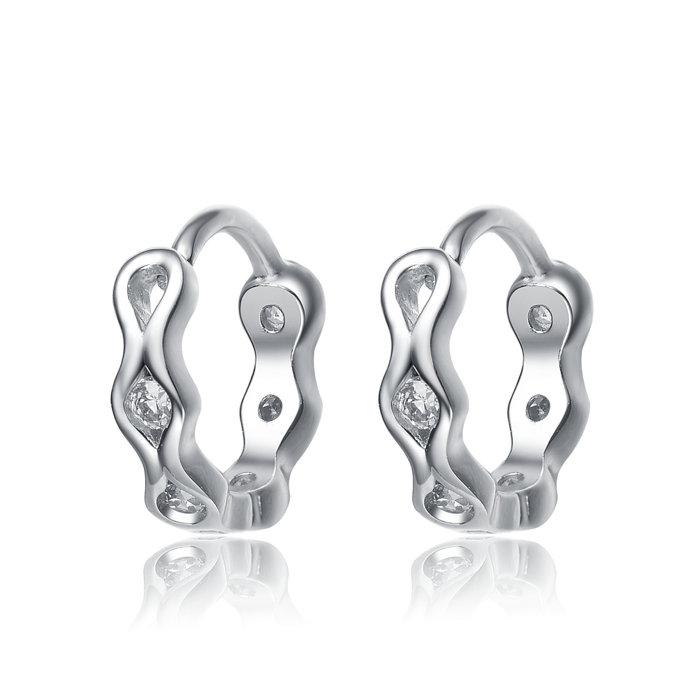 Genevive Cubic Zirconia Sterling Silver white gold Plated Small Round Huggie Hoop Earrings