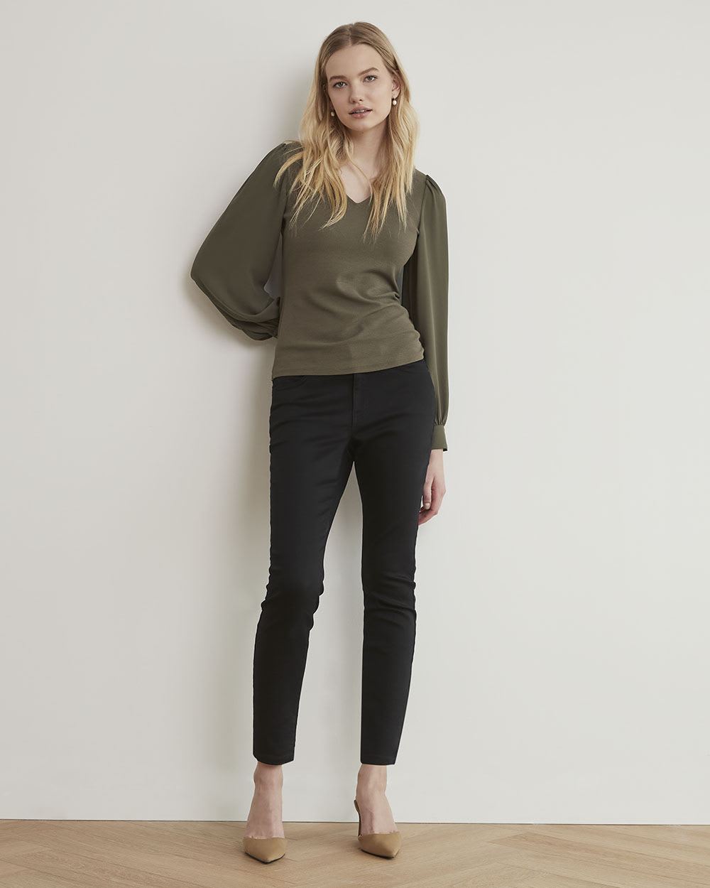 Mix-Media V-Neck Top with Long Puffy Sleeves