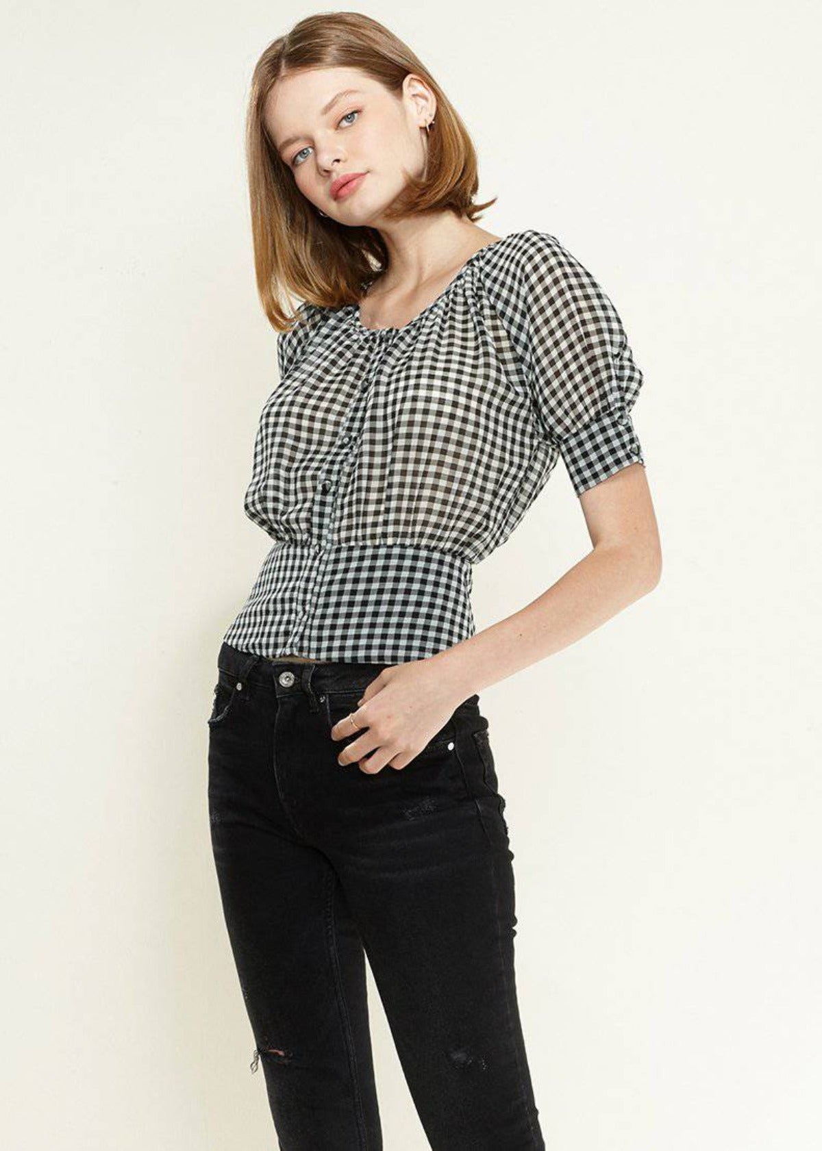 Nurode Button Down Peplum Cropped Blouse