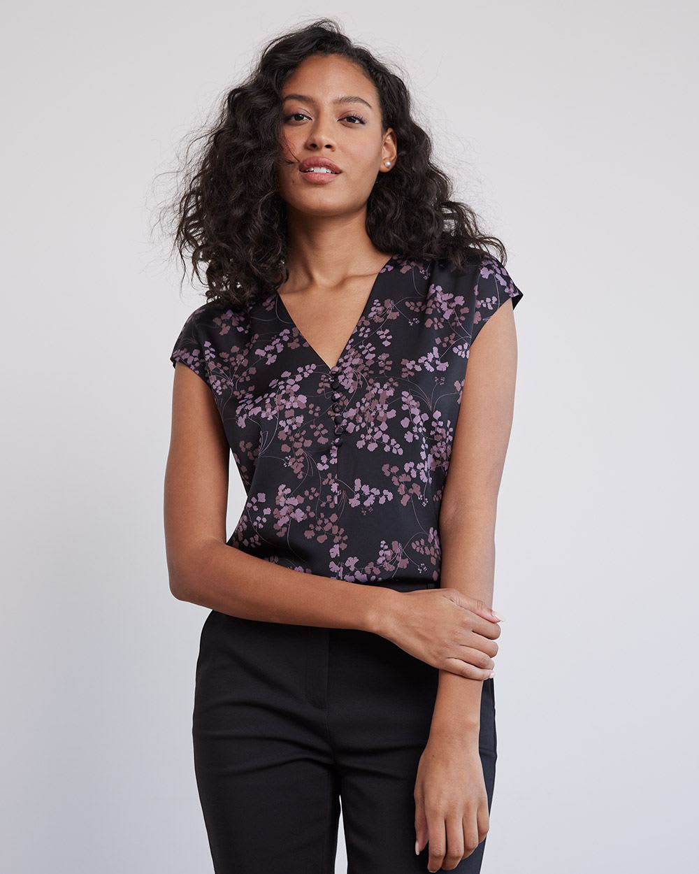 V-Neck Mix-Media Top with Extended Sleeves