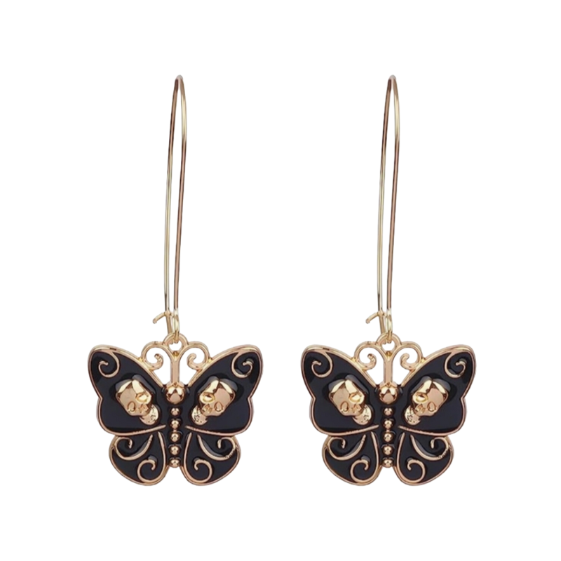 Goldtone & Black Skulls Butterfly Drop Earrings- Don't AsK