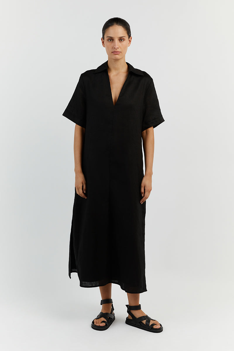 CANDICE BLACK LINEN MIDI DRESS