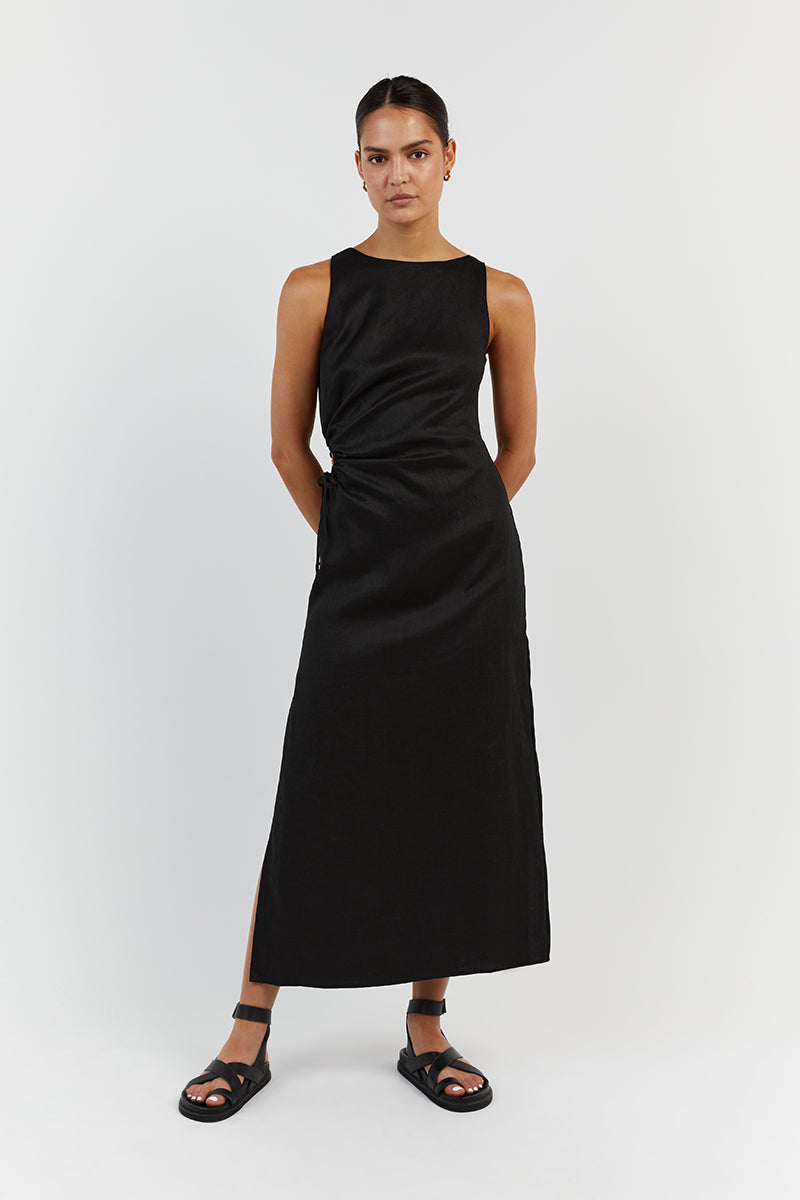 BEAU BLACK LINEN MIDI DRESS