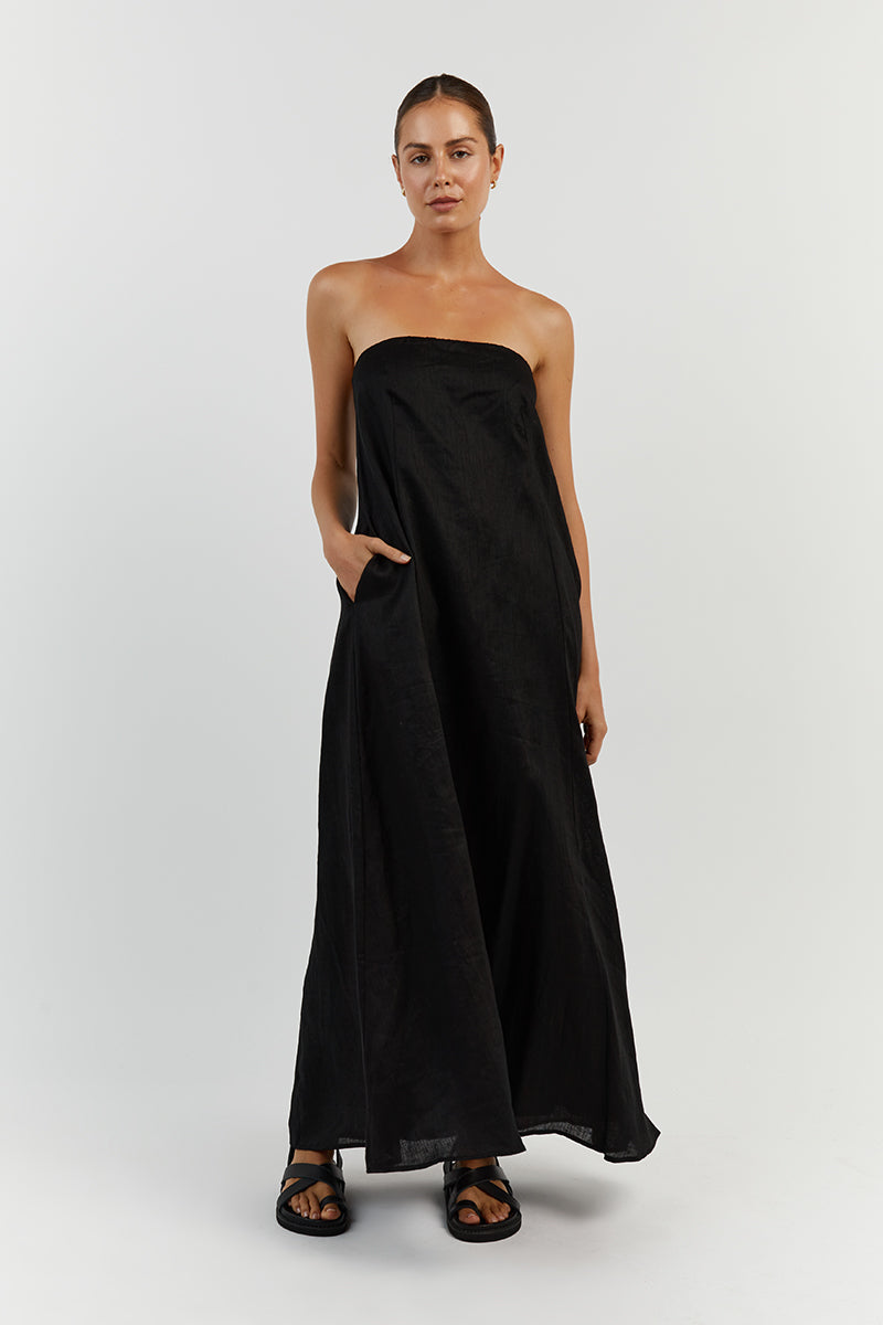 KARNEY BLACK LINEN STRAPLESS DRESS