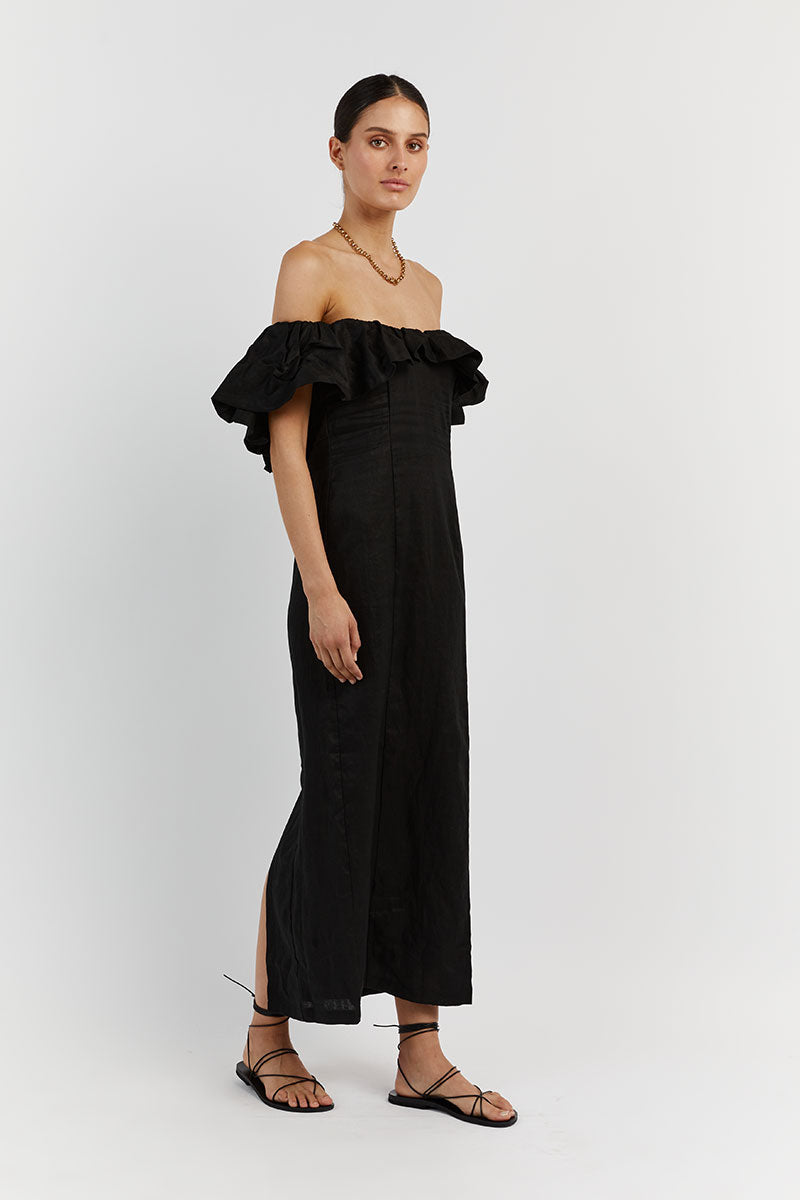 ISABELLE BLACK LINEN MIDI DRESS