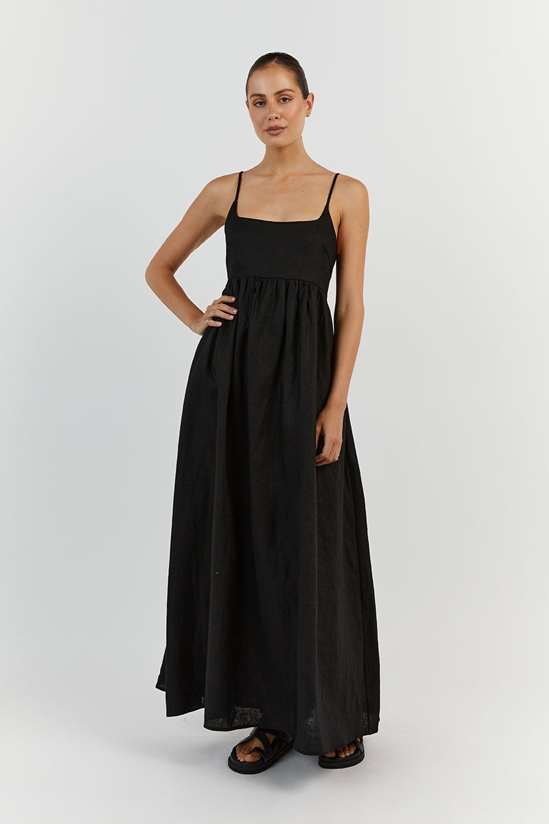 SUNNY BLACK LINEN MIDI DRESS