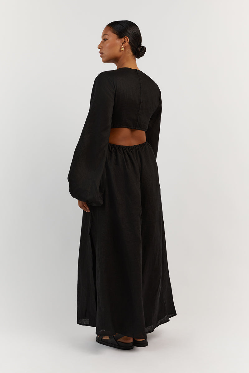 MOLLY BLACK LINEN MIDI DRESS