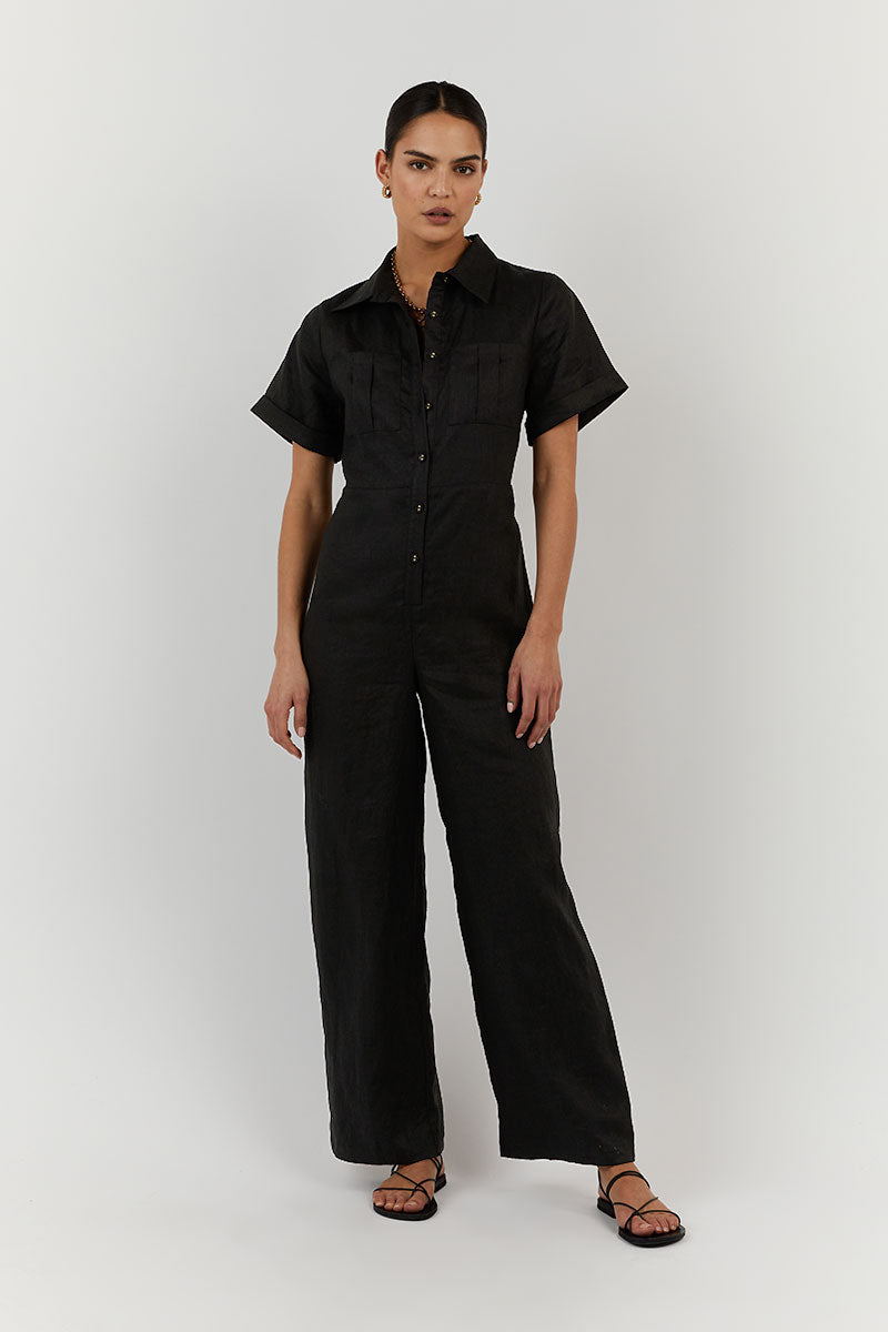LILY BLACK LINEN BOILER SUIT