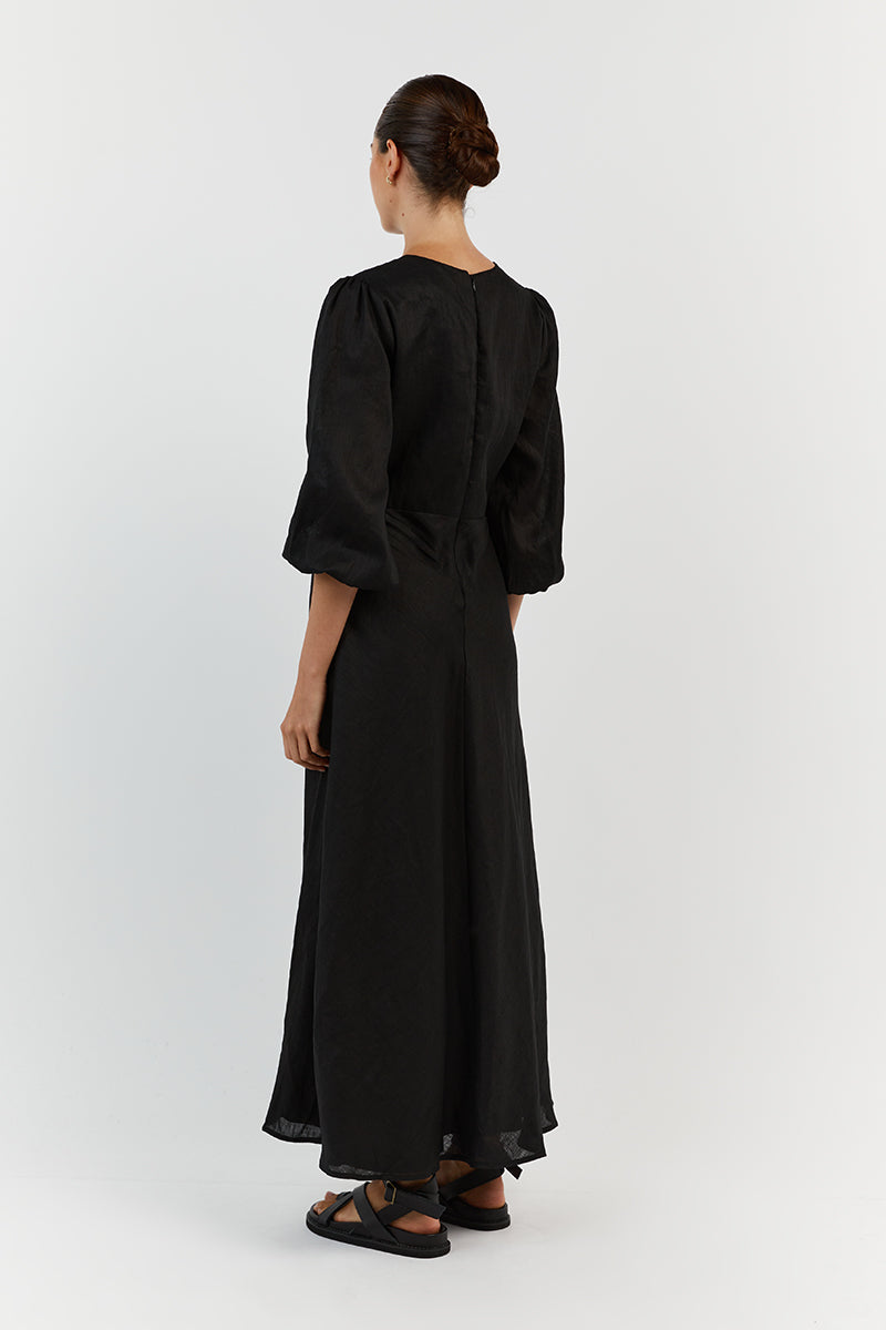 BEAU BLACK SLEEVED LINEN MIDI DRESS