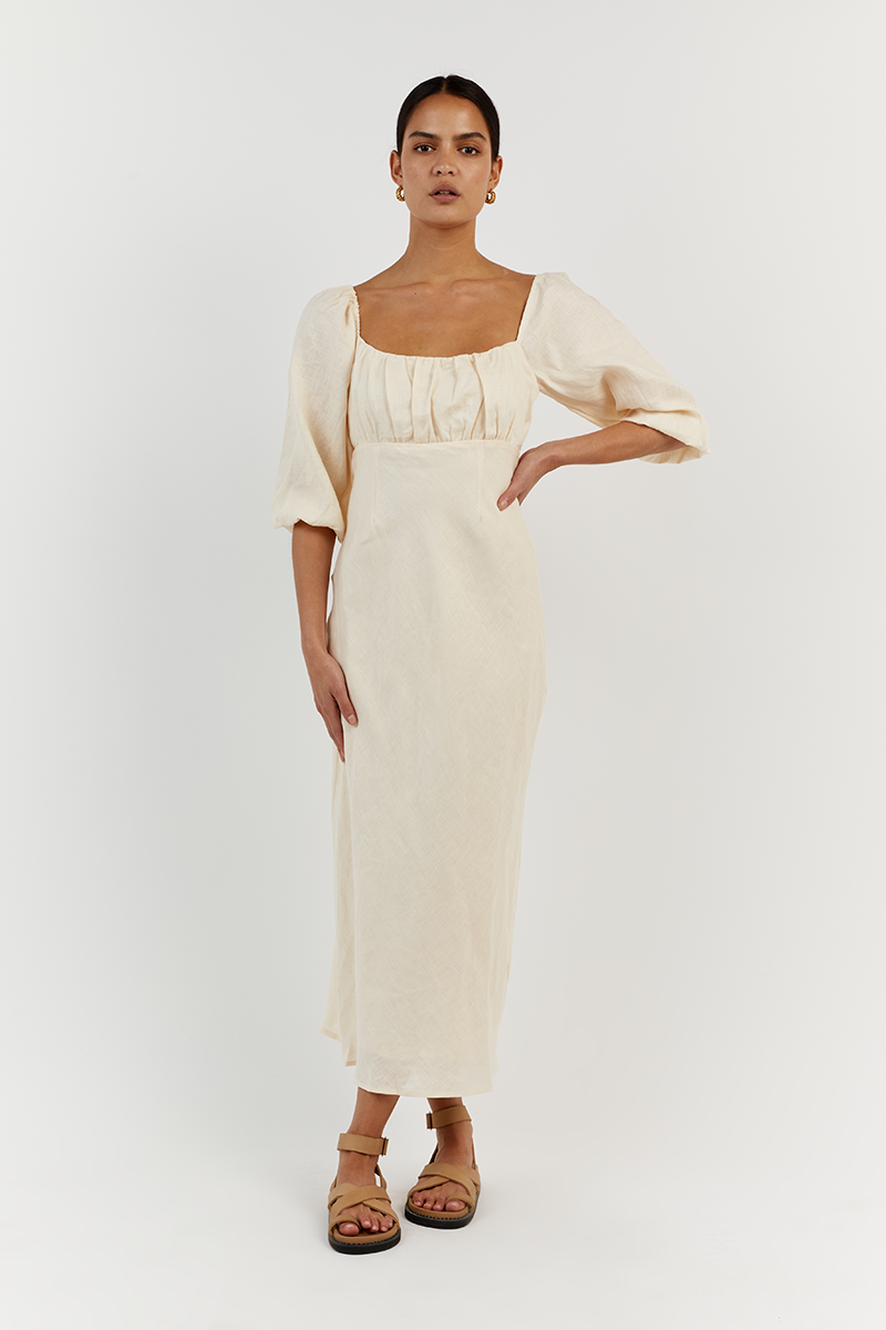 LILAH BUTTER LINEN MIDI DRESS