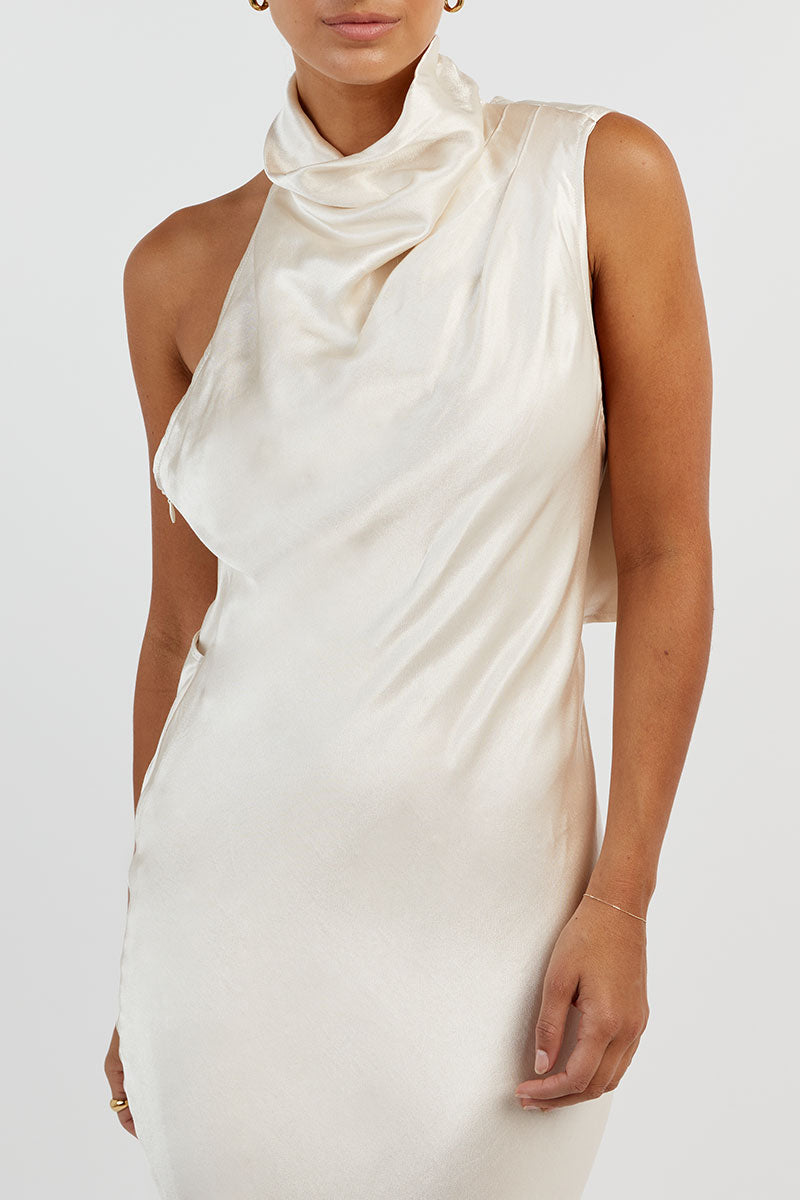 AISLE PEARL SATIN BACKLESS MIDI DRESS