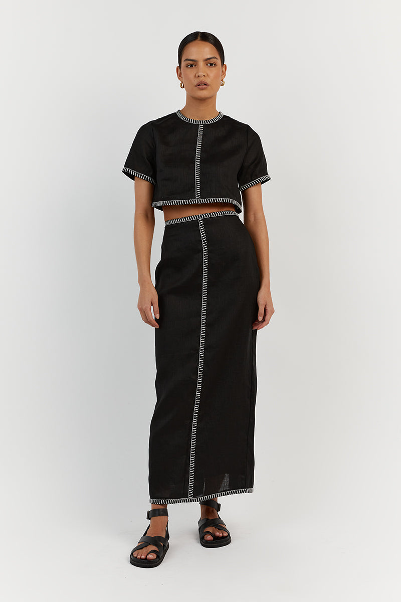 BELLA BLACK LINEN MIDI SKIRT