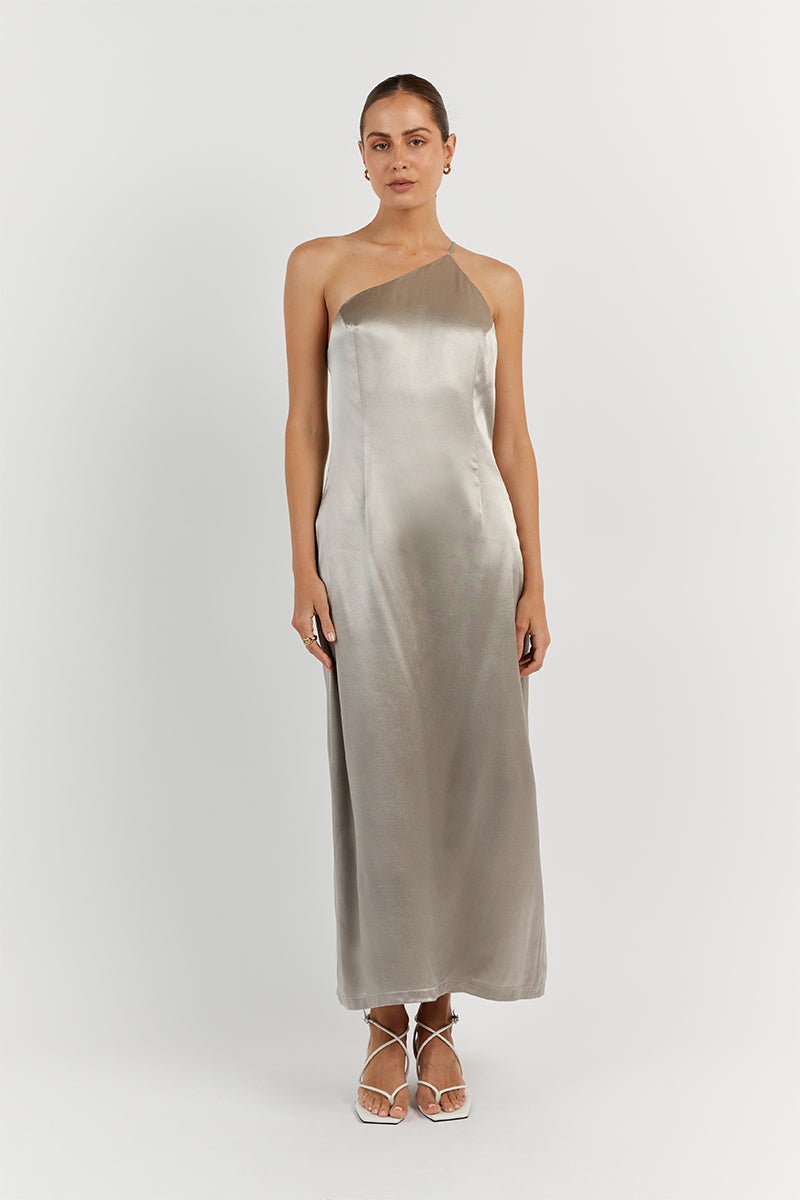 RIO PEWTER ONE SHOULDER MIDI DRESS