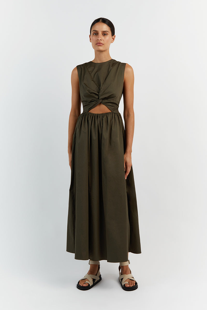 RAMSEY DARK OLIVE COTTON MIDI DRESS