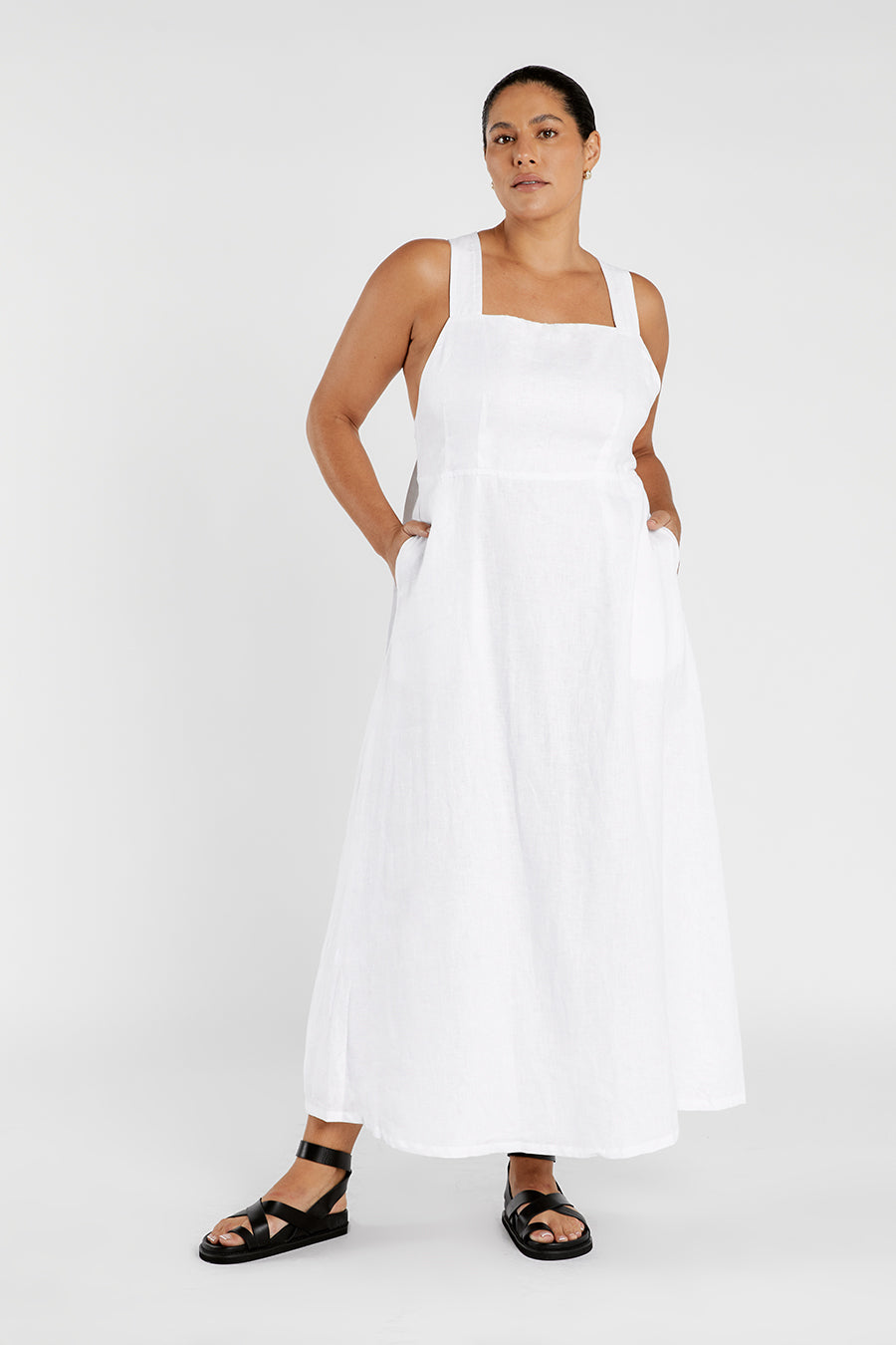 ZADIE WHITE APRON LINEN MIDI DRESS