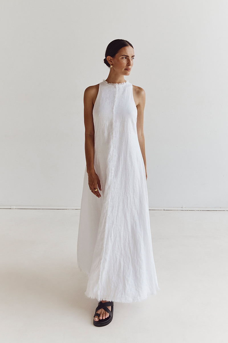 GEORGIE WHITE LINEN HIGH NECK DRESS