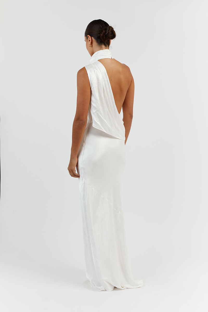 AISLE WHITE SATIN BACKLESS MIDI DRESS