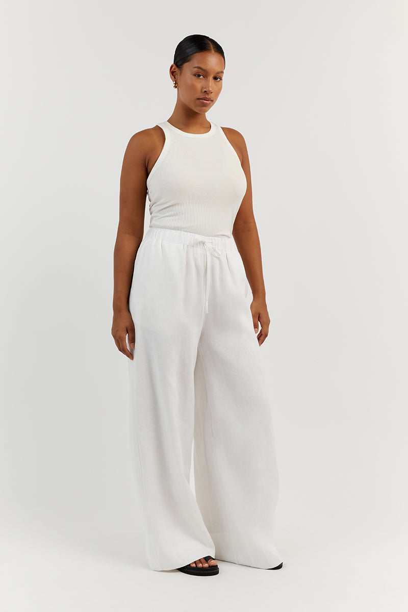 GINA WHITE LINEN ELASTIC WAIST PANT