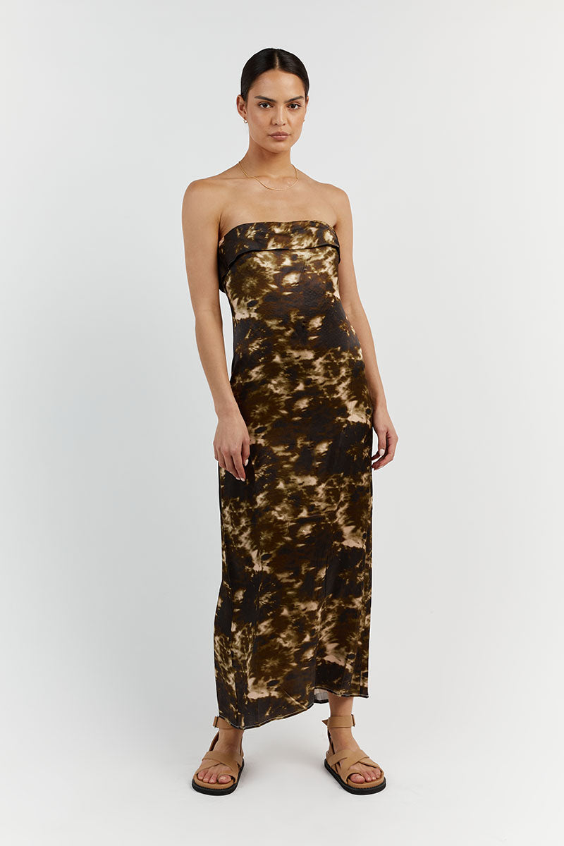 MASON SATIN TIE DYE STRAPLESS DRESS