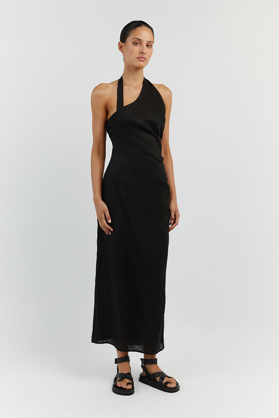 ZOEY BLACK ASYM LINEN MIDI DRESS