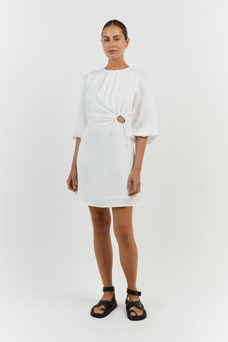 BEAU WHITE LINEN SLEEVED MINI DRESS