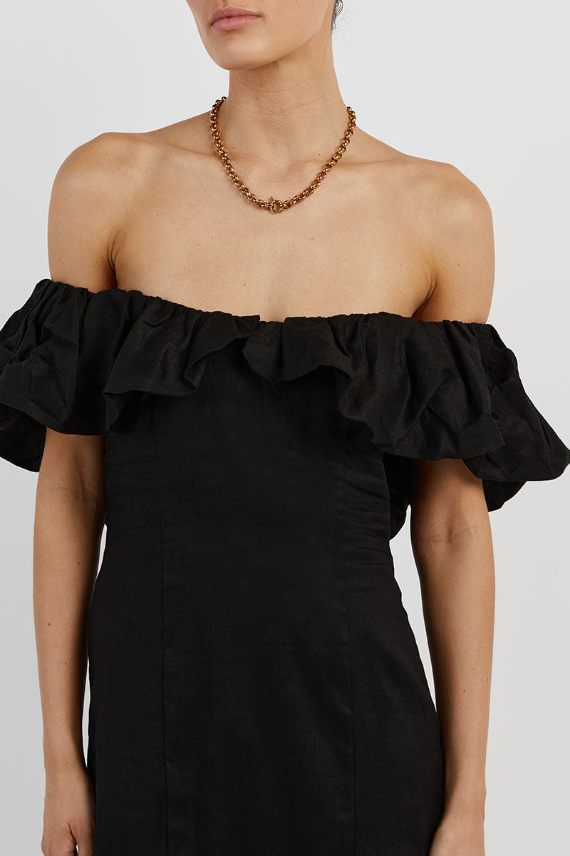 ISABELLE BLACK LINEN MIDI DRESS