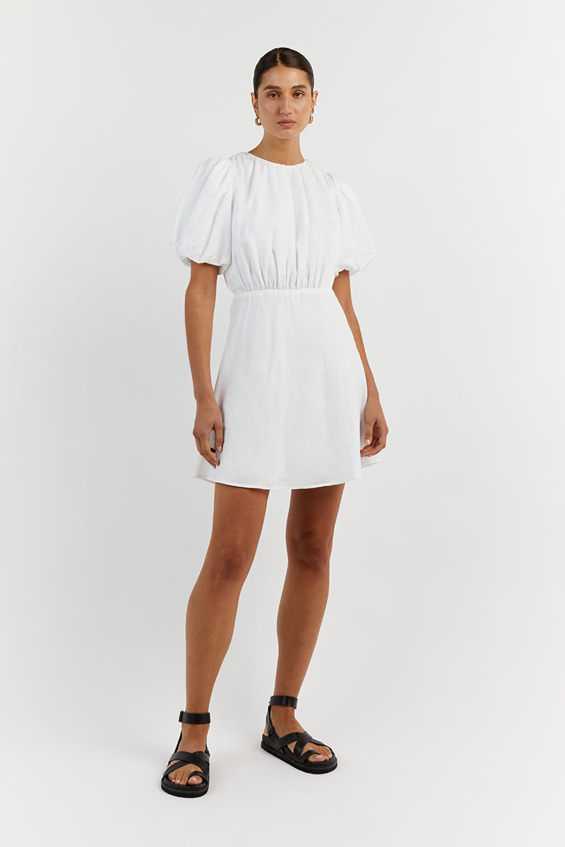 NAT WHITE GATHERED LINEN MINI DRESS