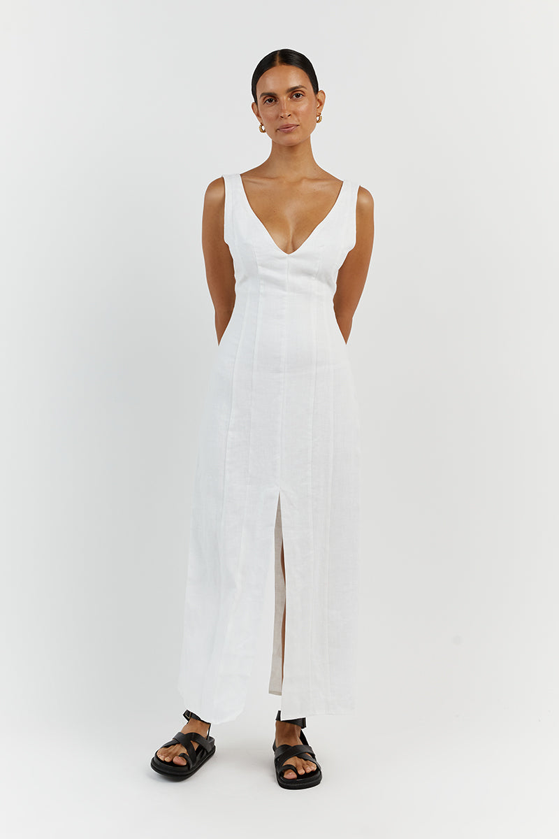 MILAHN WHITE LINEN V NECK DRESS